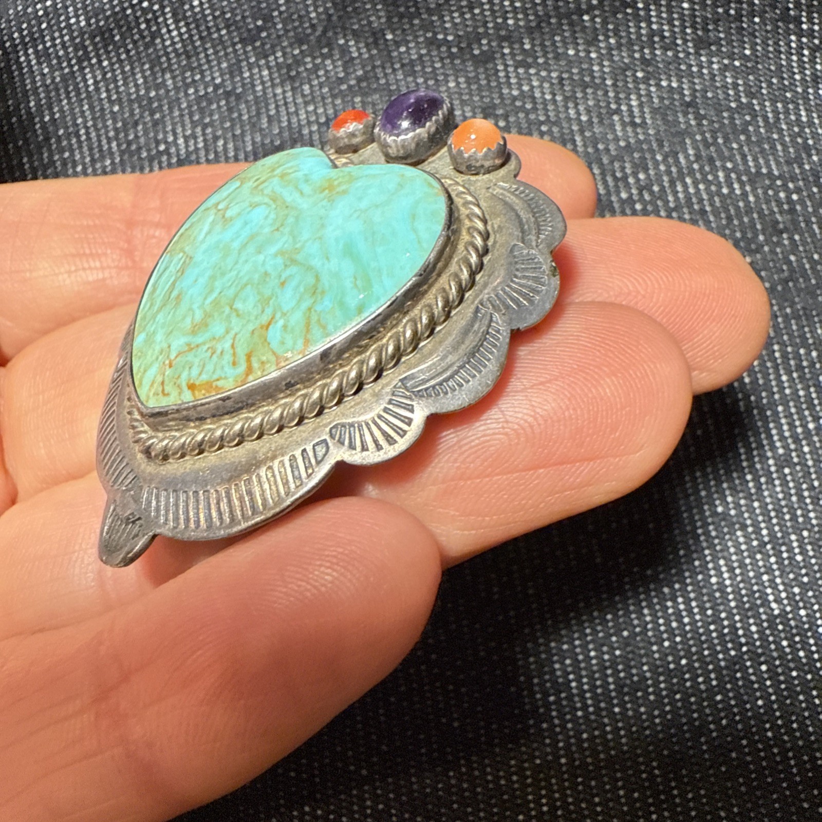 CM Gems Sterling Silver Turquoise Heart Removable Bail Pendant Brooch Spiny