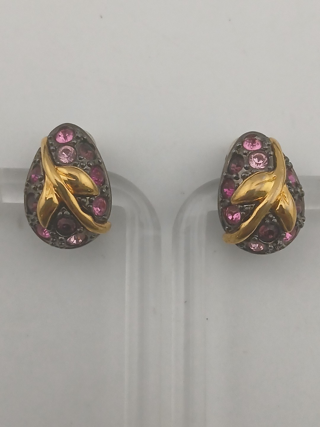 Joan Rivers Midnight Garden Egg gunmetal pink purple gold tone clip earrings