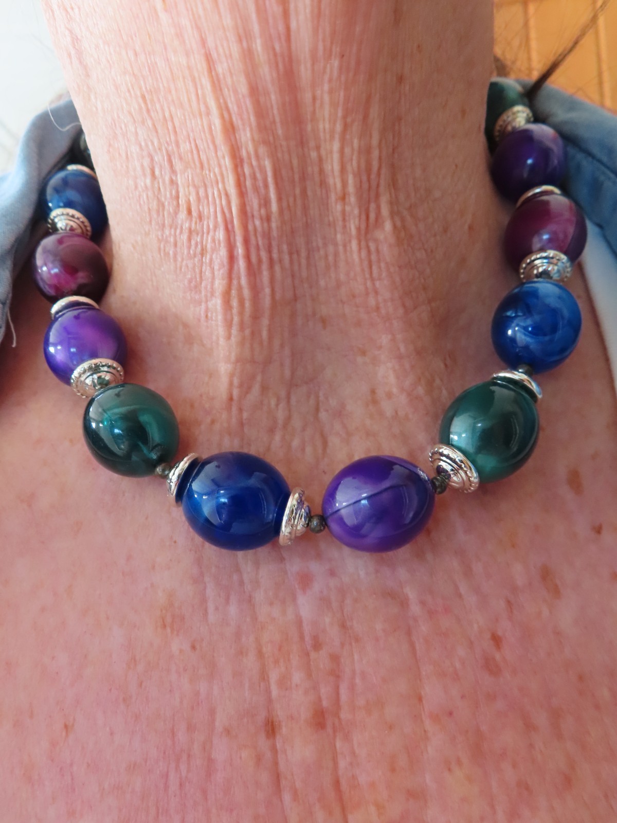 Vintage Green, Purple & Blue Silver Tone Necklace