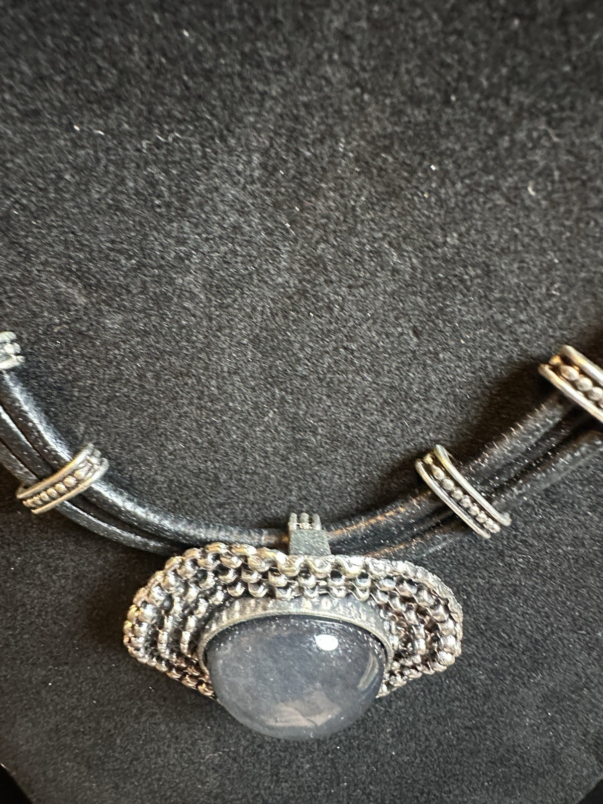 Vintage Black leather and Silver Tone with gray Cabochon Statement Necklace