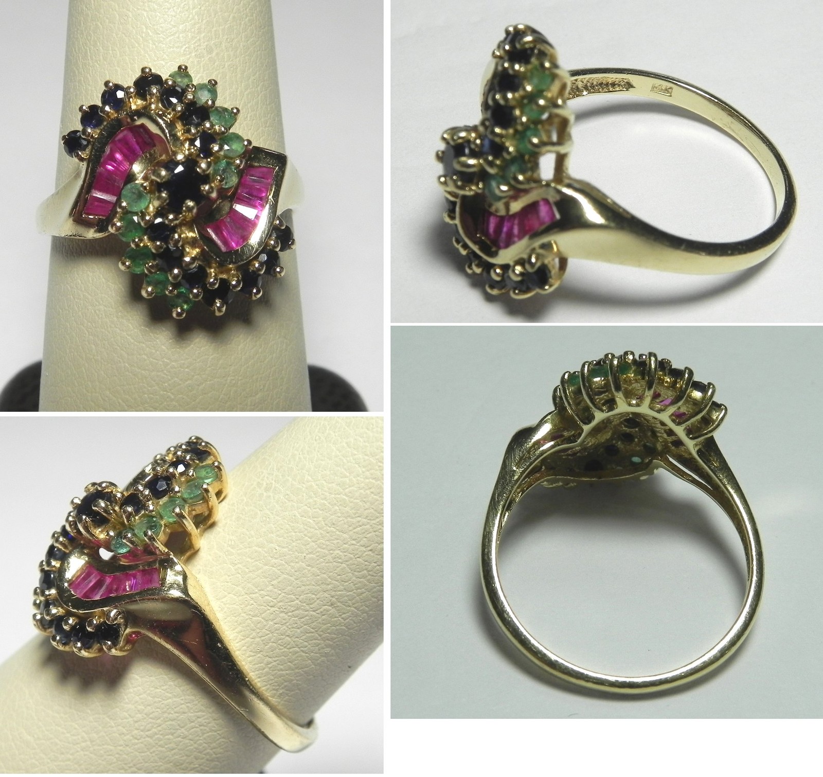 V584 Vintage Solid 14K Yellow Gold Ruby, Sapphire, Emerald Bypass Ring, Sz 8