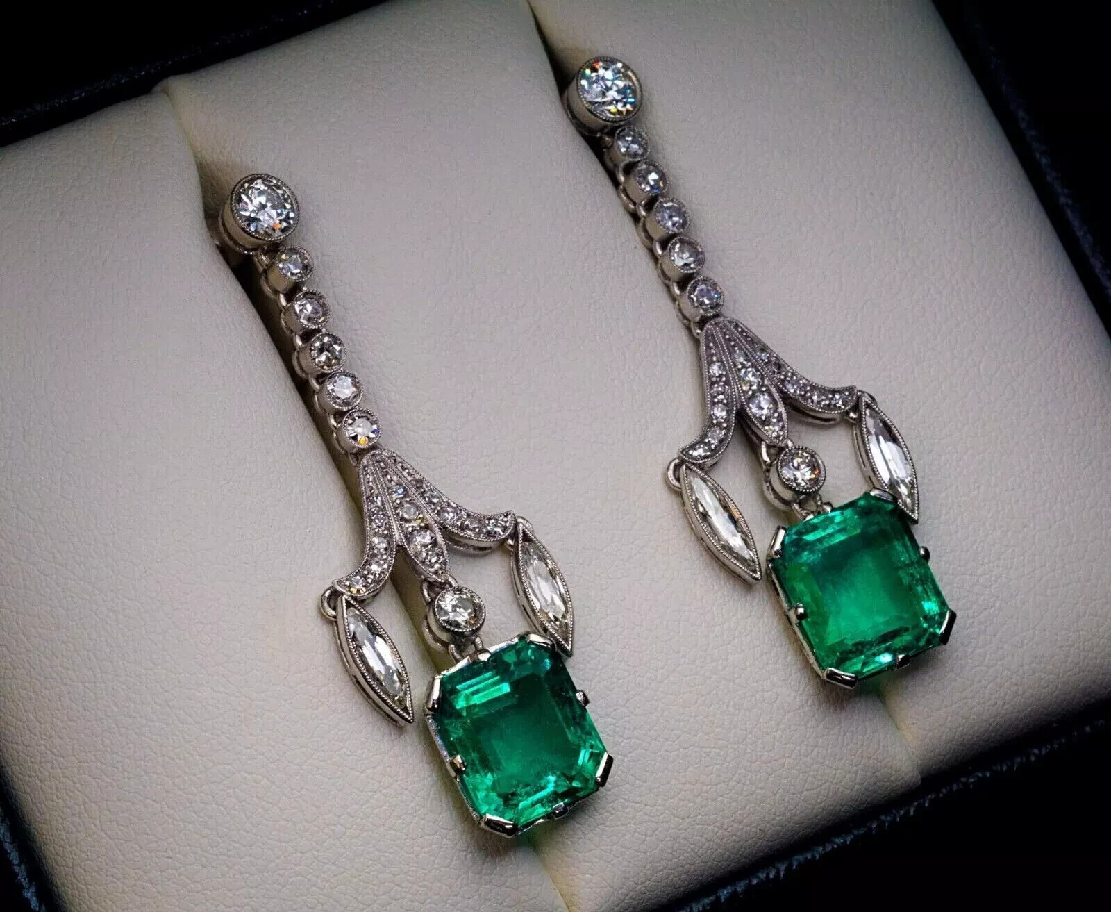 Art Deco Style Emerald & Lab-Created Diamond Wedding 14K White Gold FN Earrings
