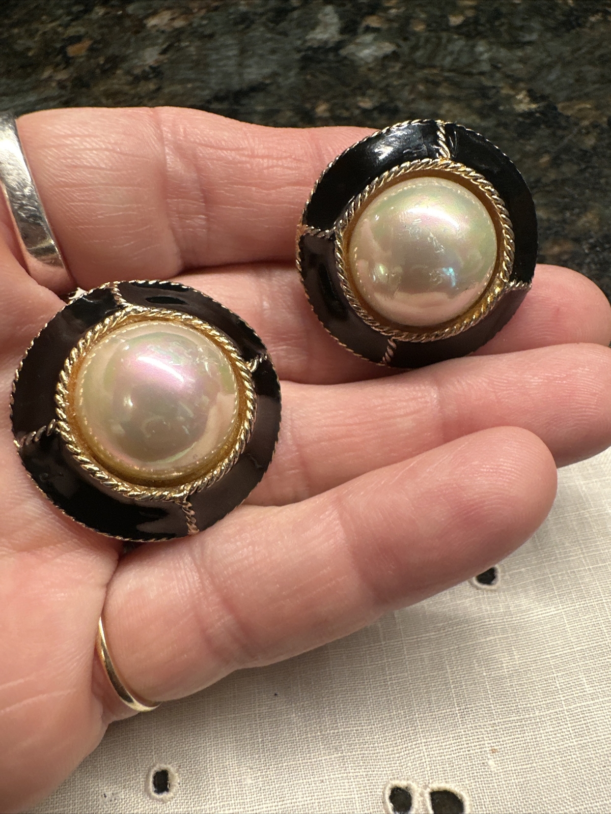Vintage Gay Boyer Gold Black Enameled Pearl Clip-on Earrings