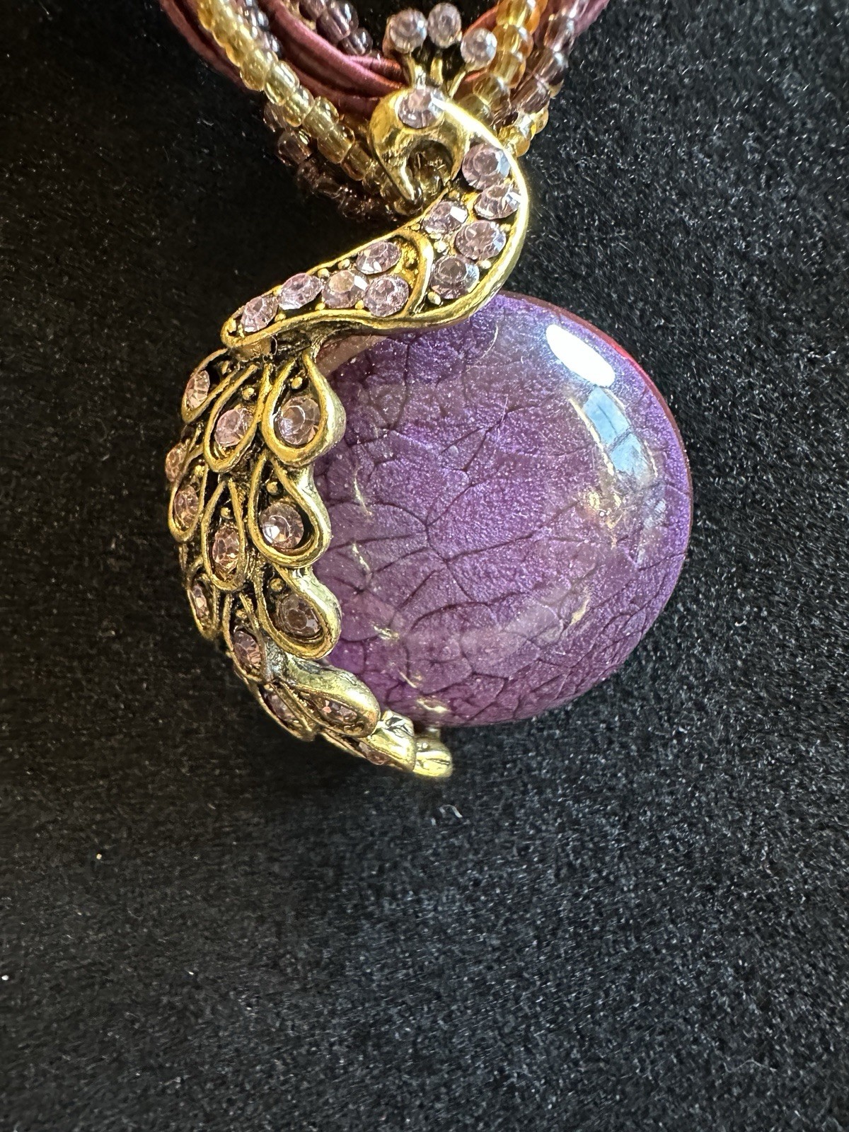 Beautiful Vintage Peacock Pendant Necklace In Purple and Gold Tones 20” Long