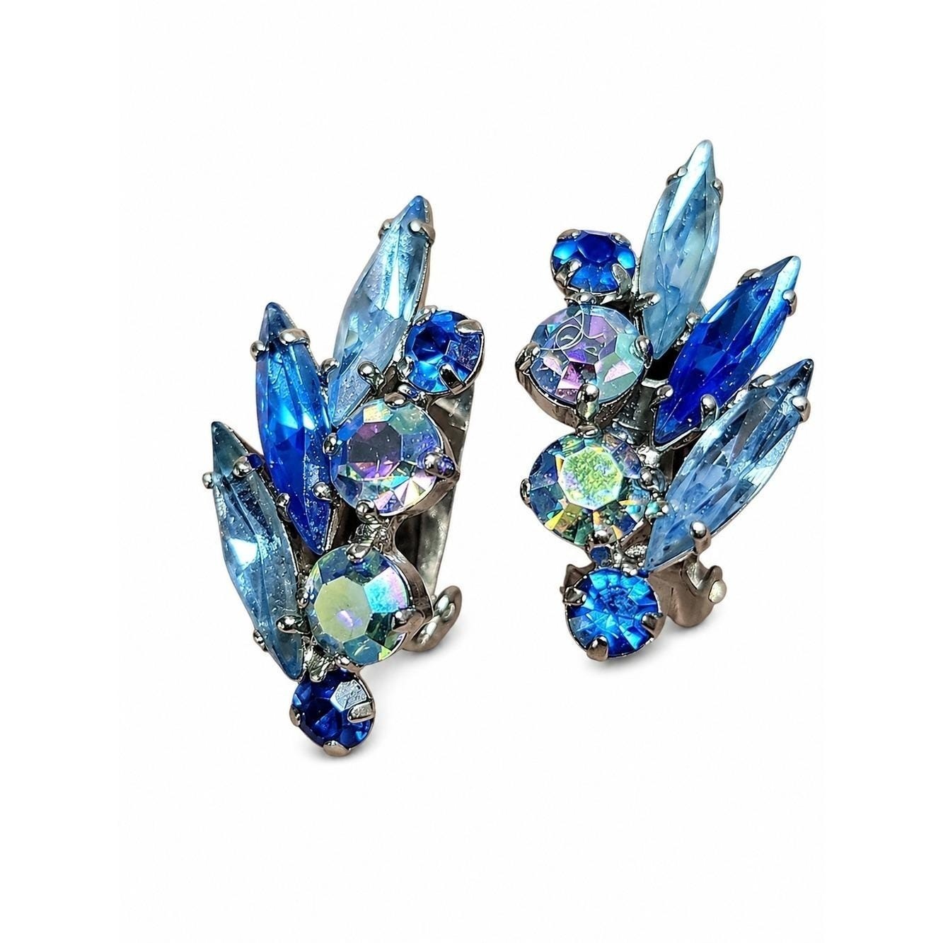 Vintage Crystal Rhinestone Clip On Earrings Sherman Style ,Blue Crystal