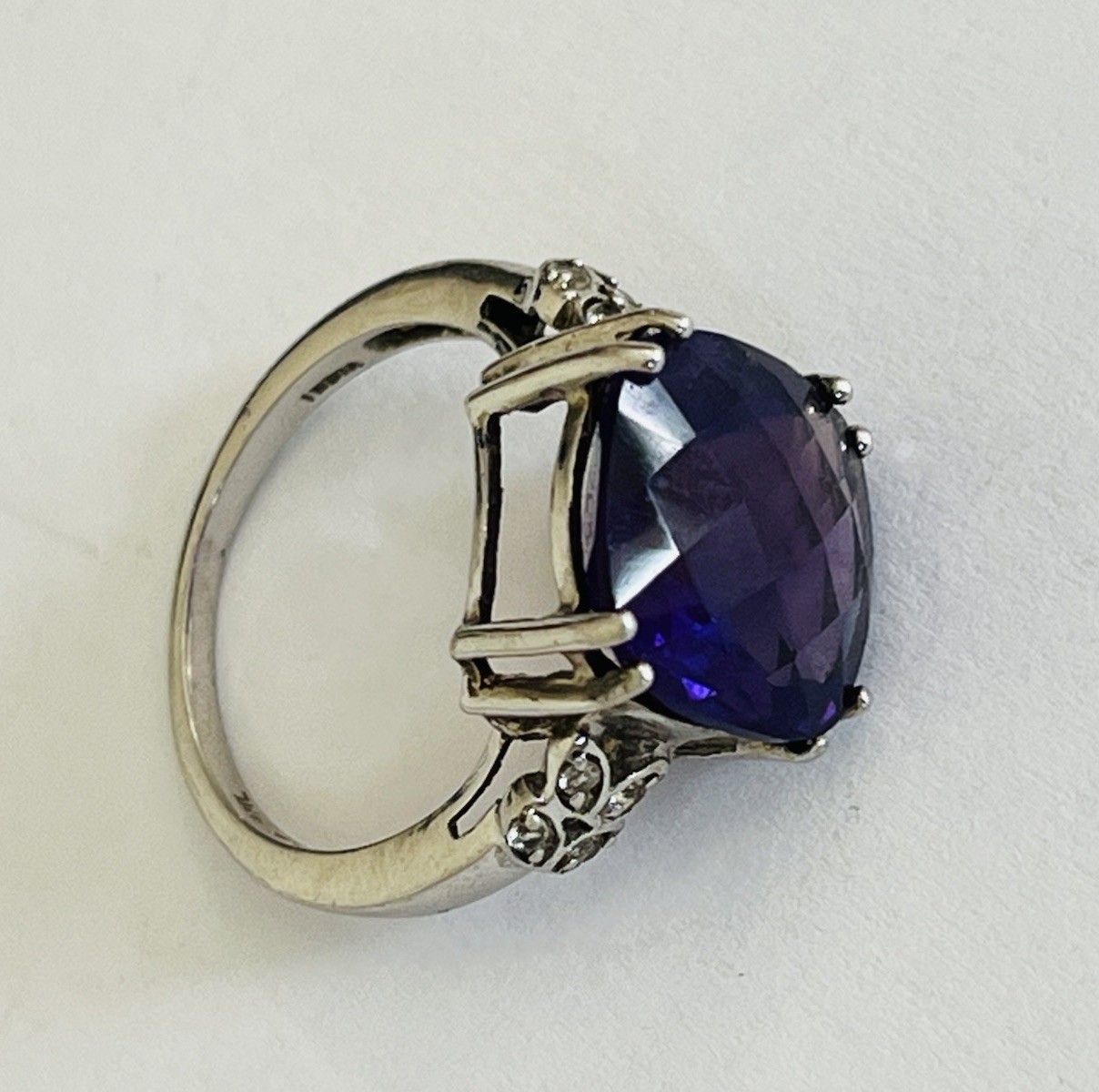 Designer BML Sterling Silver Cushion Cut Amethyst And White Topaz Ring Size 7