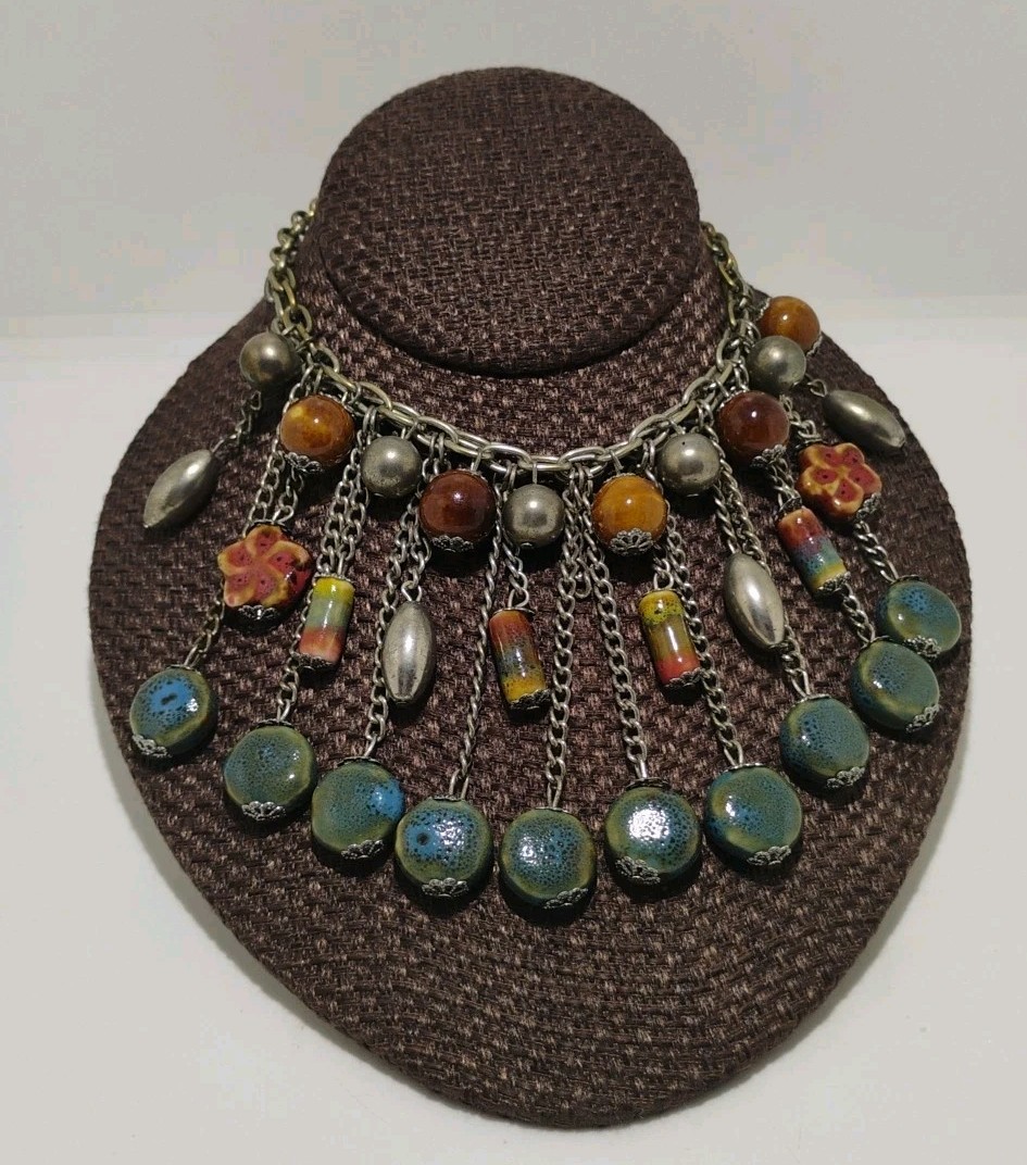 Boho Statement Bib Necklace 17″ Multicolor Ceramic Bead Silver Tone Fringe Style