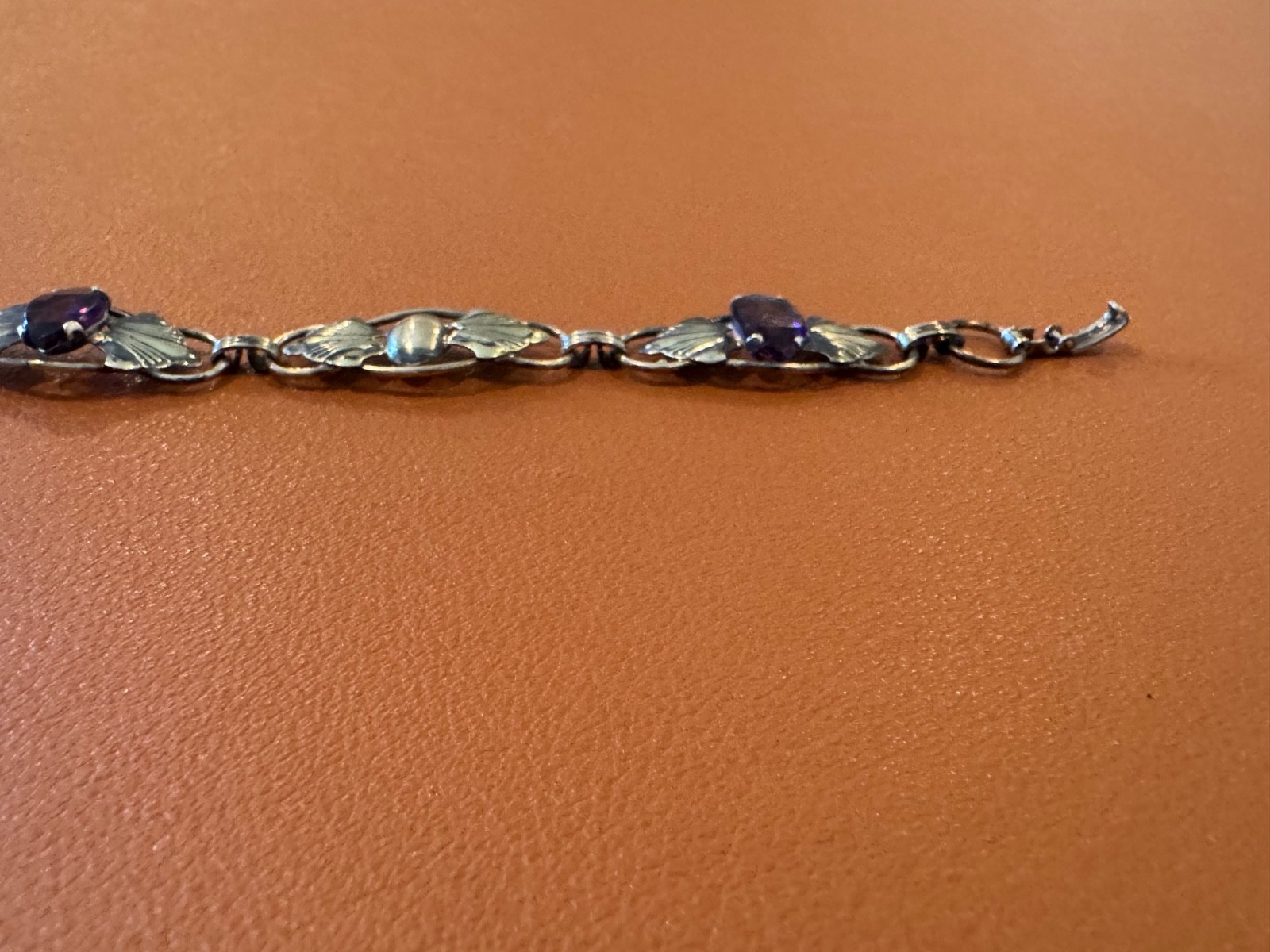 Vtg Antique Gold on Sterling Silver Bracelet w/ Faceted Purple Glass or Stones