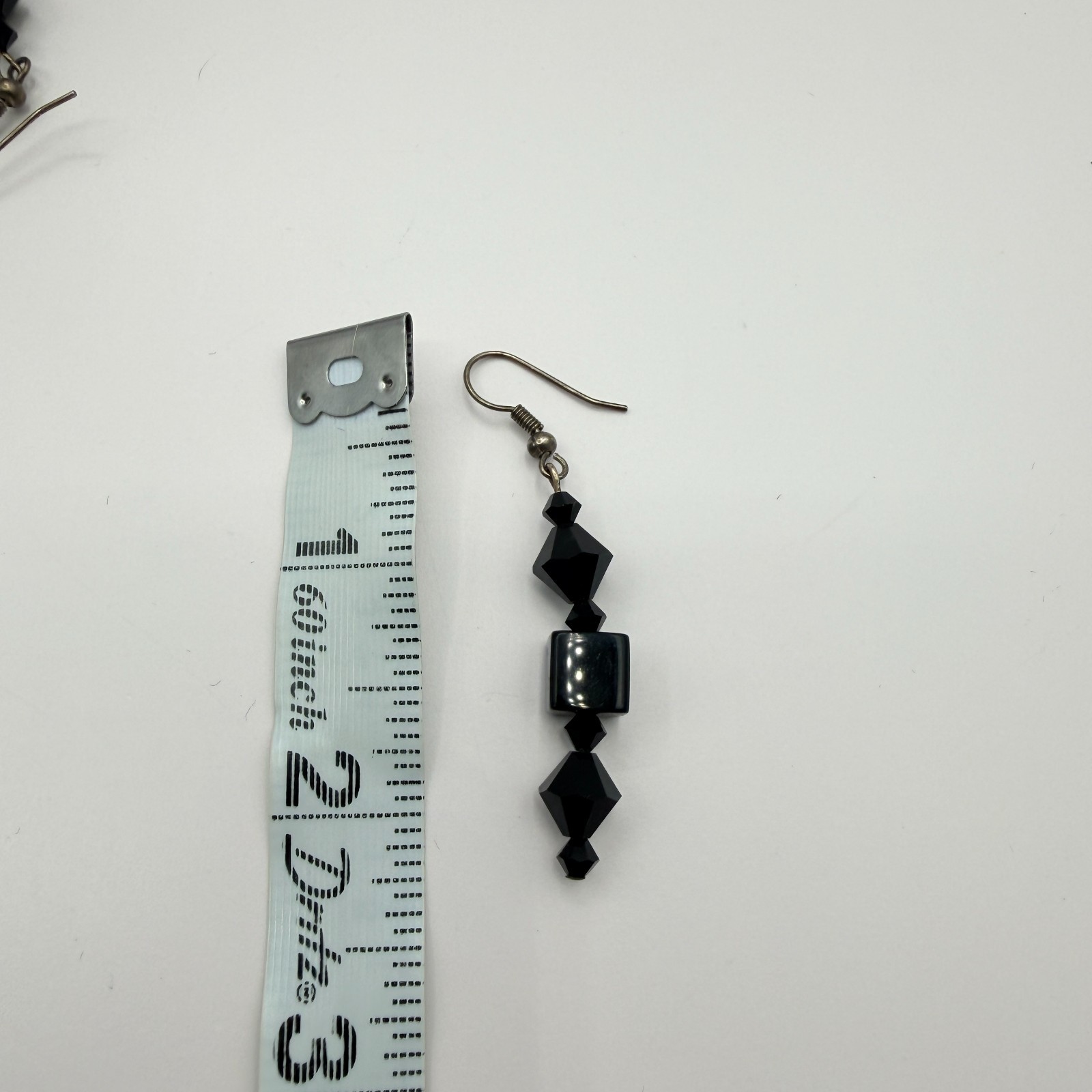 Vintage Black Beaded Bracelet Dangle Earrings Set Gunmetal Tone Geometric Goth