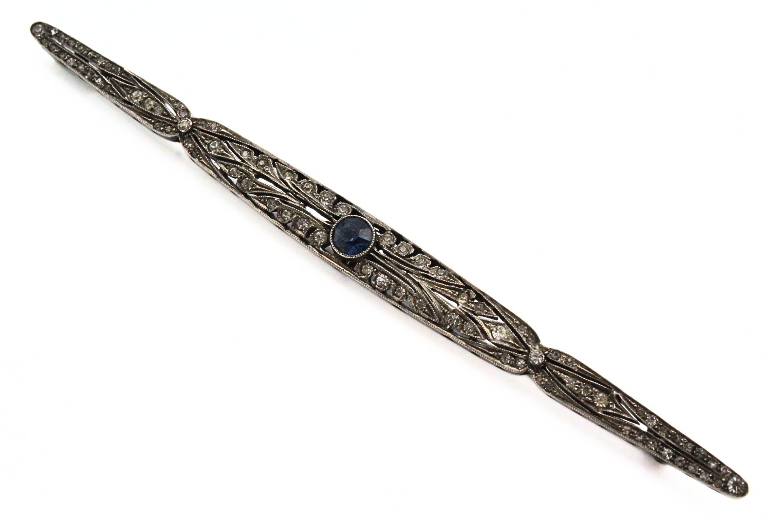 Antique French Edwardian Coin Slver Paste Glass Blue 5″ Trombone Bar Pin