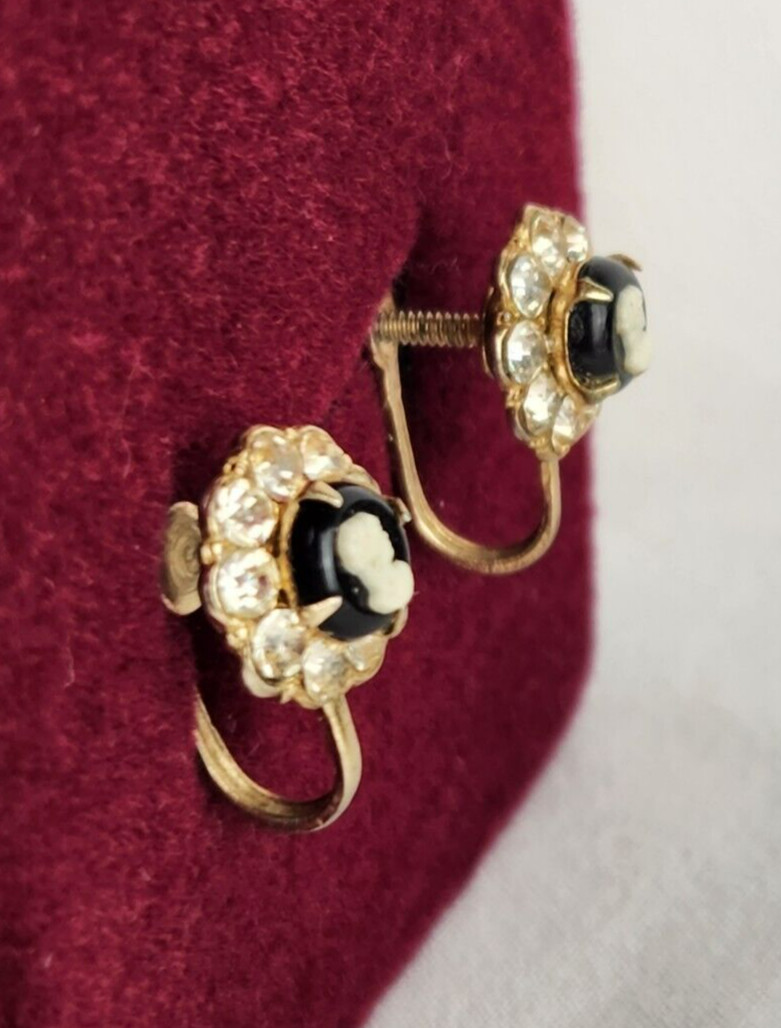 Coro Cameo Earrings Ivory/Black Gold Tone Rhinestones Screw Back Vintage Signed