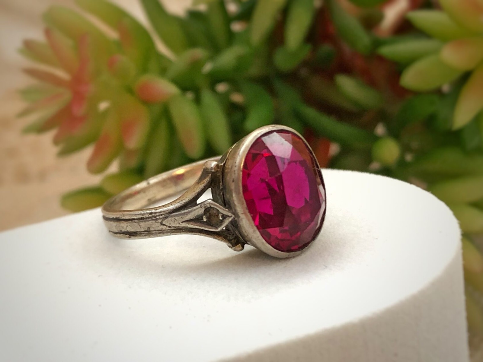 Estate Gems Vintage Soviet Jewelry Ring Ruby Sterling Silver 875 USSR Size 8.5