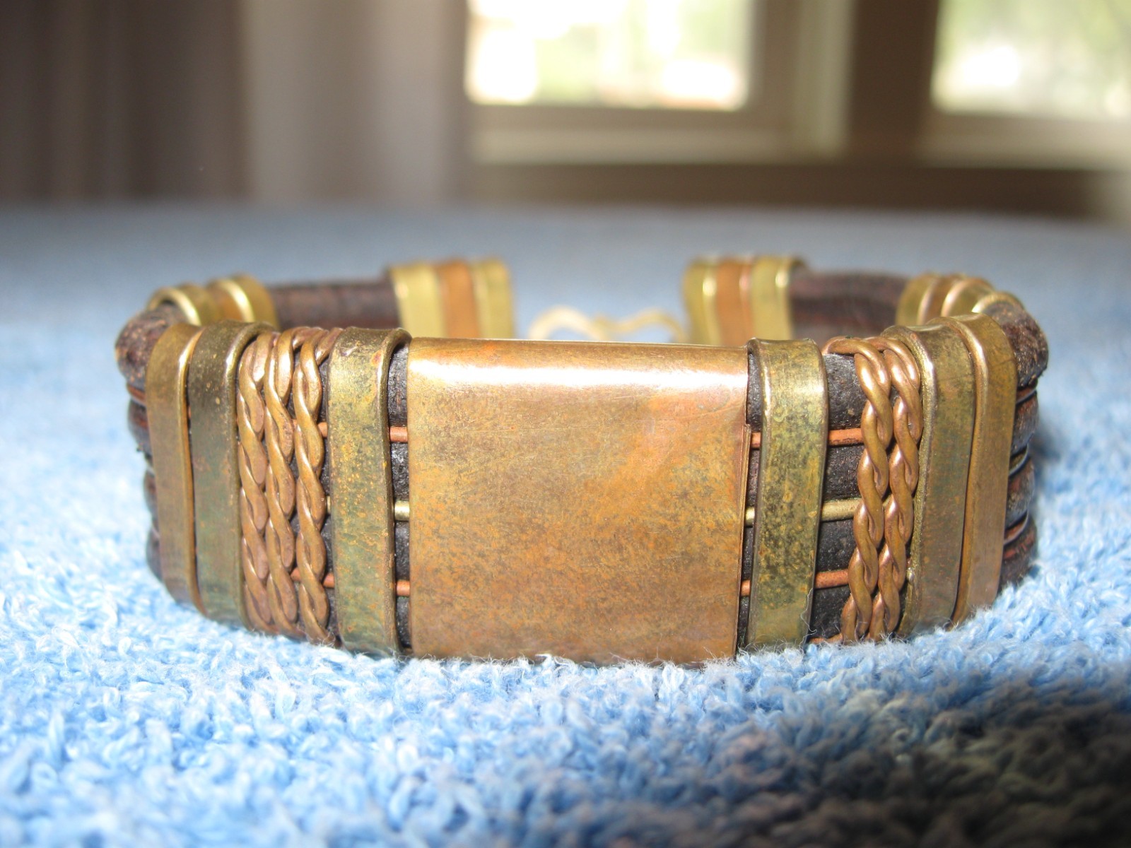 Leather & Brass Bracelet w/Hook Clasp, 3/4″ wide x 3″ Diameter Artisan Made