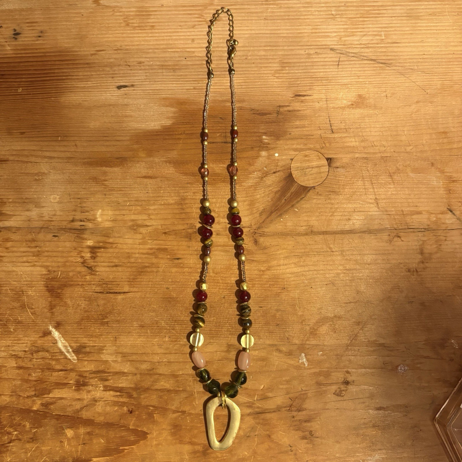Boho Vintage Beaded Necklace Rose Quartz Tiger Eye Glass Brass Pendant Handmade