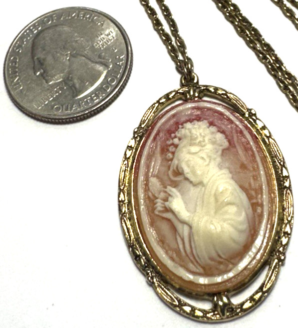 Vintage Jewelry Necklace SIGNED 1928 Gold Dainty Chain Cameo Lady Ombre 17