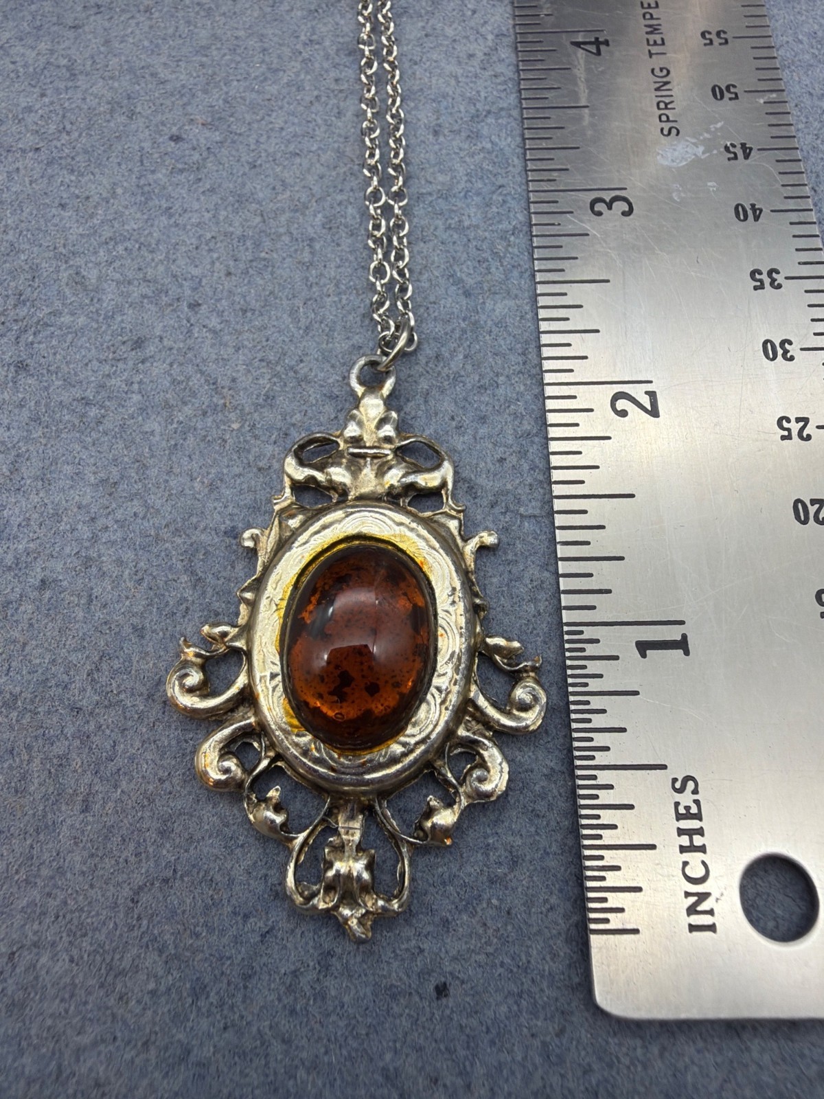 Vintage Ornate Pendant Necklace 24 In As Is Gold Amber Oval Domed Stone Silver