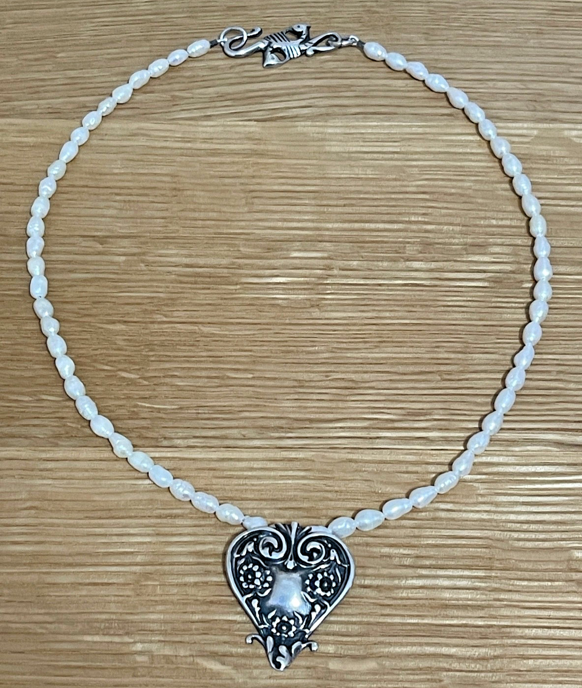 Rare T FOREE Sterling Heart Pendant & “Fish Hook” Clasp Pearl Necklace