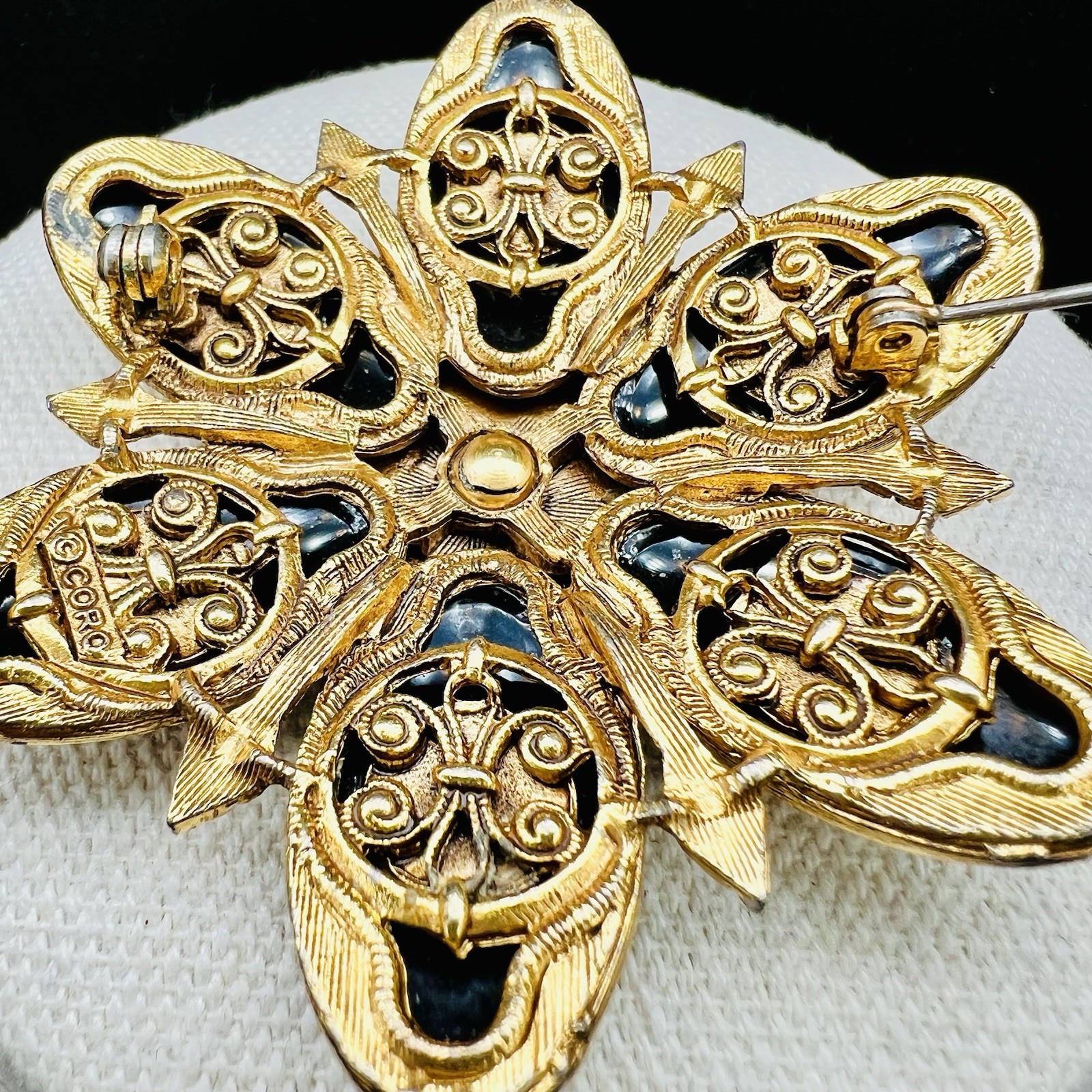 Vintage Brooch Lot Coro Coin Avon Filigree Sterling Enamel Earrings Black Gold