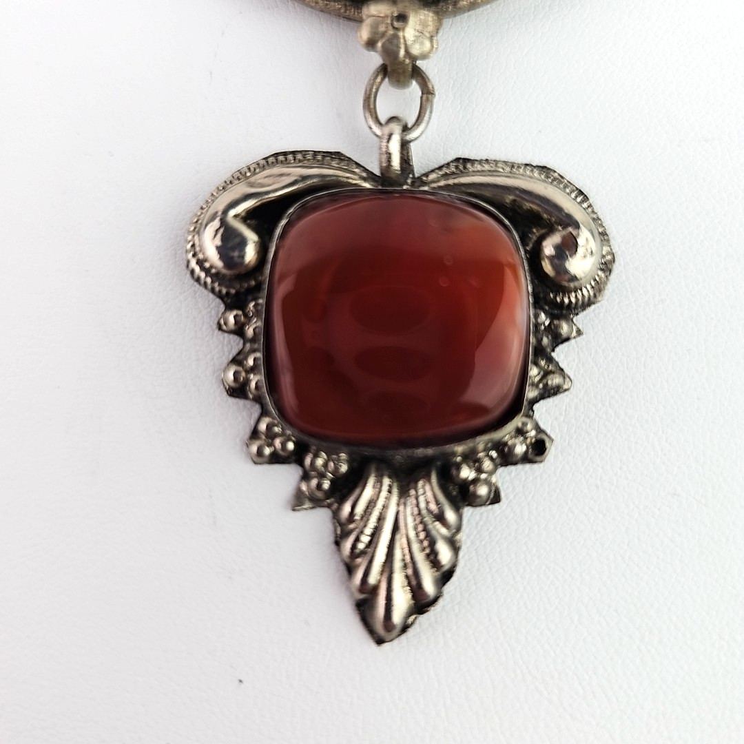 Vintage Ethnic Style Dangle Brooch Silver Tone Glass Cabochon 1930s to 1950s