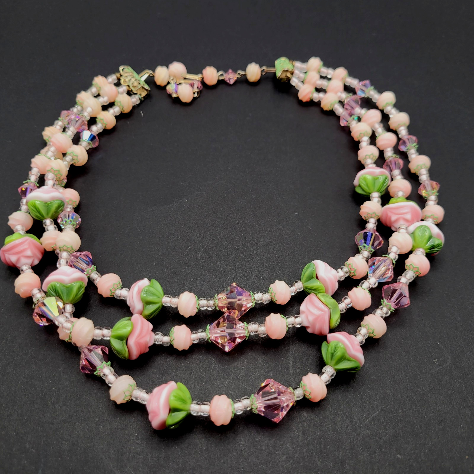 Triple Strand Glass Pink Rosette Green Bottom Rosebuds Bicone Crystal Necklace
