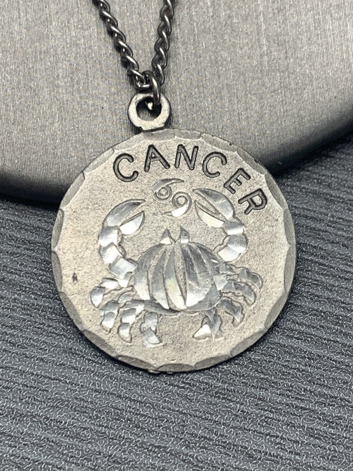 Vintage Pewter BDA Zodiac astrology Cancer Hand Engraved Pendant Necklace 18”