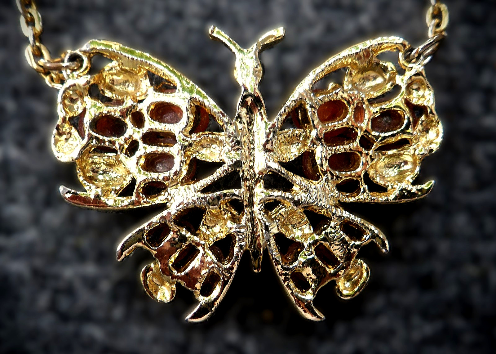 Vintage Butterfly Pendant Necklace 18″ Double Chain Amber Stones
