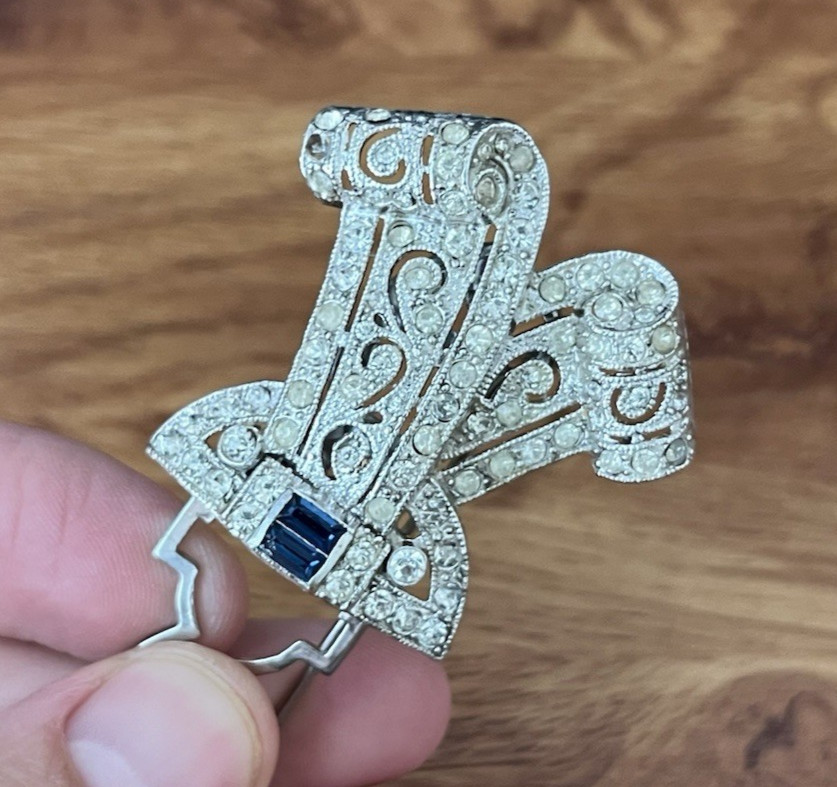 Vintage Coro Duette Bow Art Deco Silver Tone Brooch Dress Clip *Needs Repair*