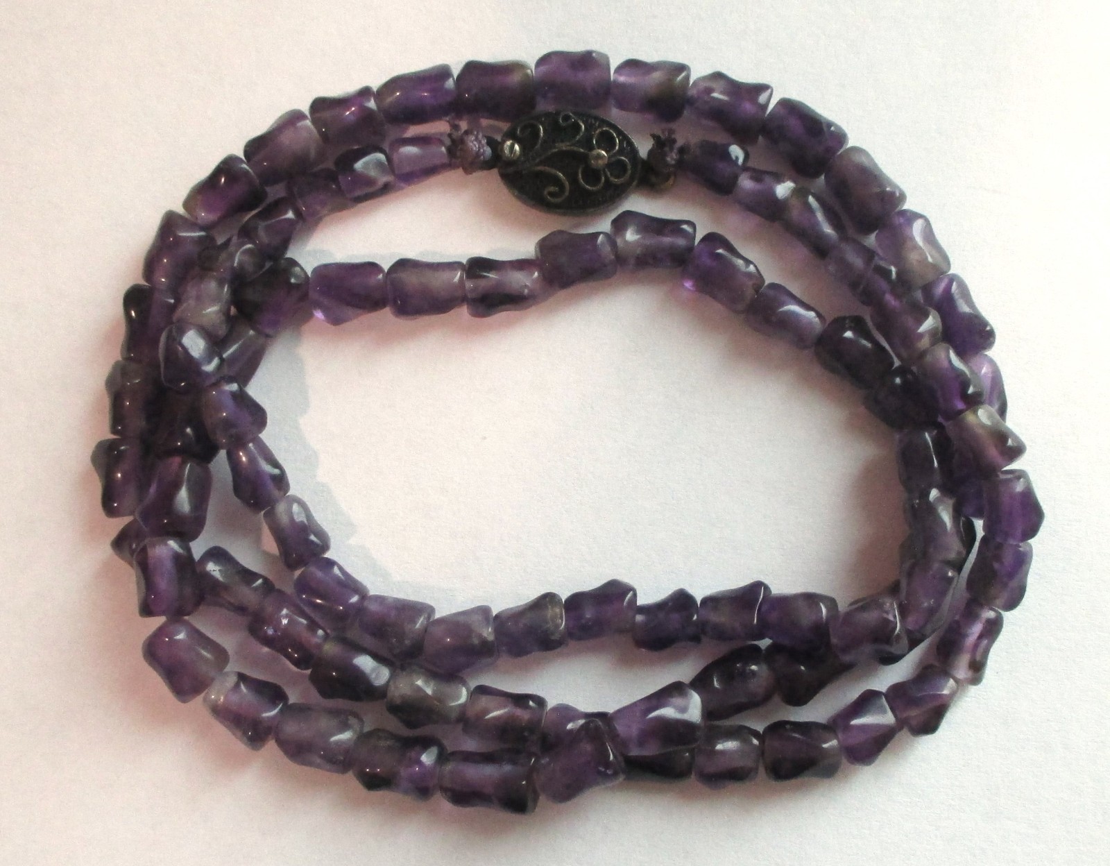 26in VINTAGE CHINESE EXPORT AMETHYST BEAD NECKLACE STERLING SILVER FLOWER CLASP