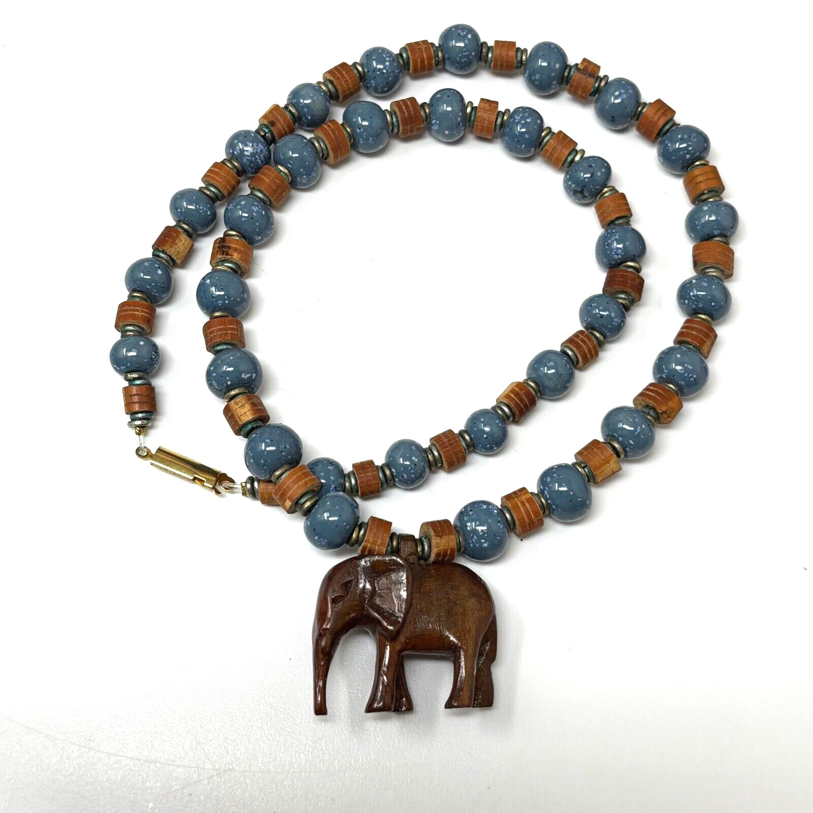 Vintage Beaded Necklace Blue Ceramic Tan Wood with Elephant Pendant Verdigris