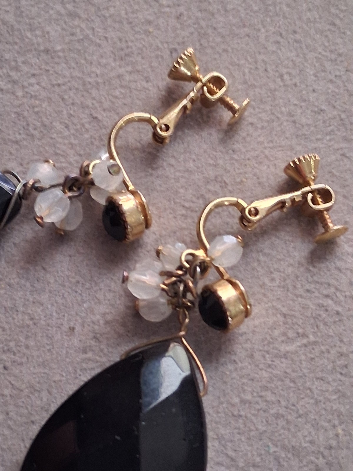 Faceted black glass teardrop stone adjustable clip on earrings w/dangle accents