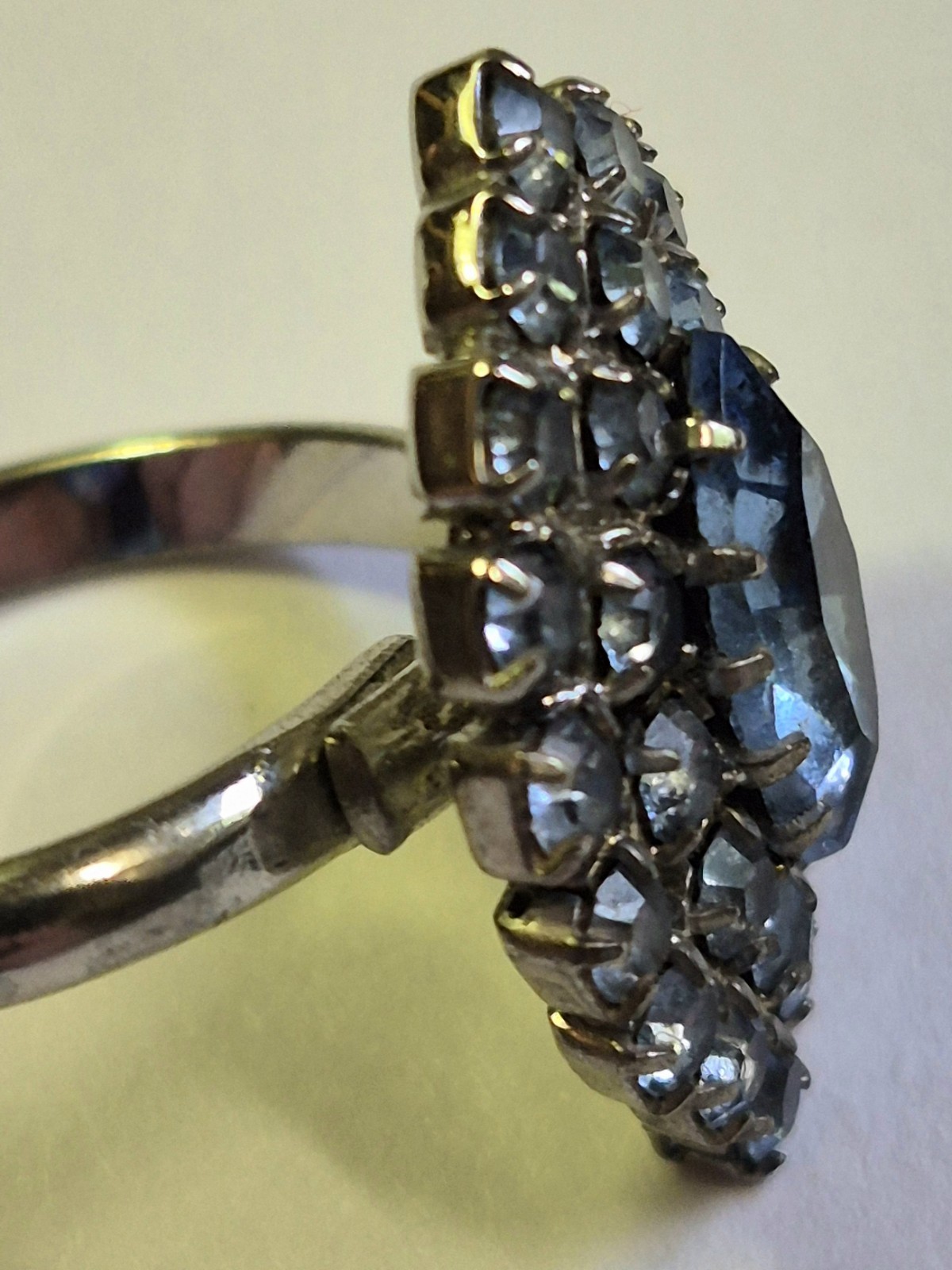 Vintage Blue Rhinestone Marquise Cocktail Ring Silver Tone Adjustable Prong Set