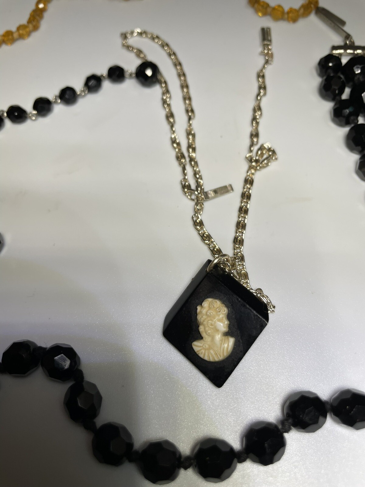 Necklaces- Czech Amber & Jet Glass Austrian & Rhodium W/ Bakelite Cameo Germany