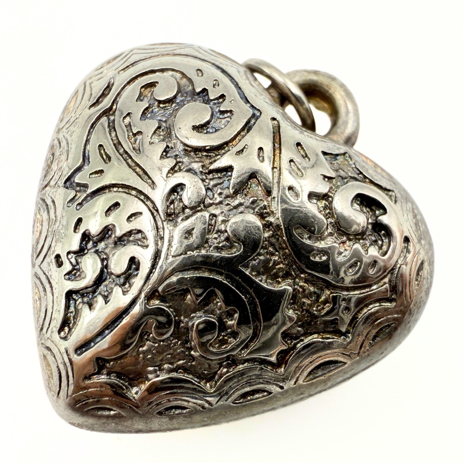 Vintage Sterling Silver Repousse Scrollwork Floral Puff Heart Pendant
