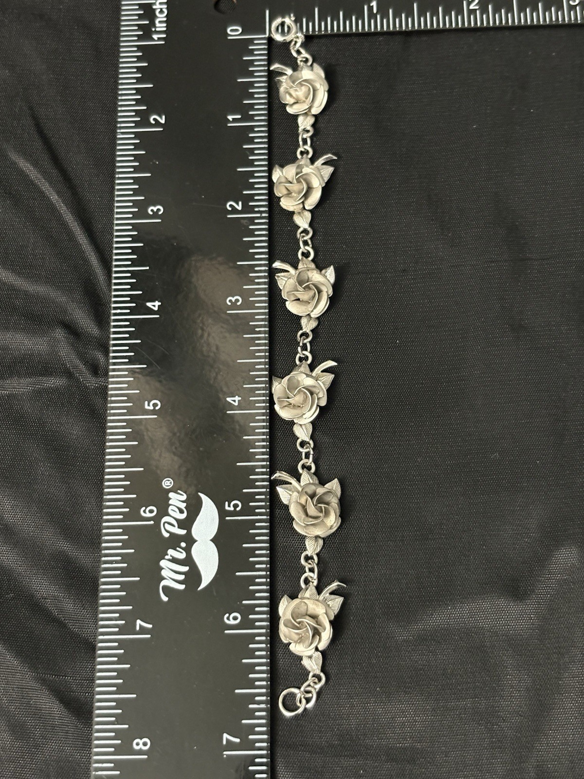 Vintage Sterling Silver Flowers Bracelet Six Roses Signed AC Estate 12g 6.8”