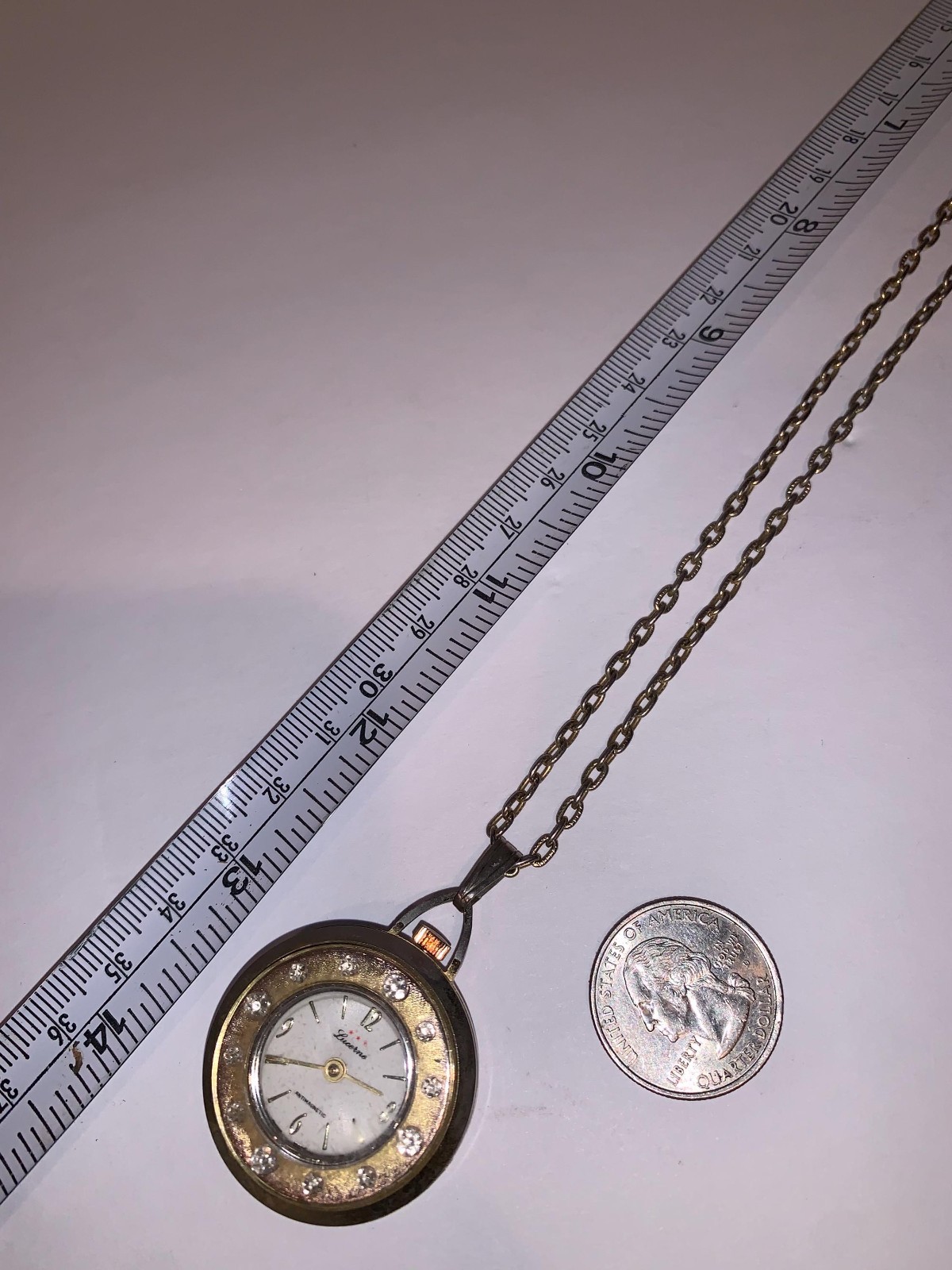 Vintage Lucerne Necklace Watch Gold Toned With Clear Rhinestone Not sure if work