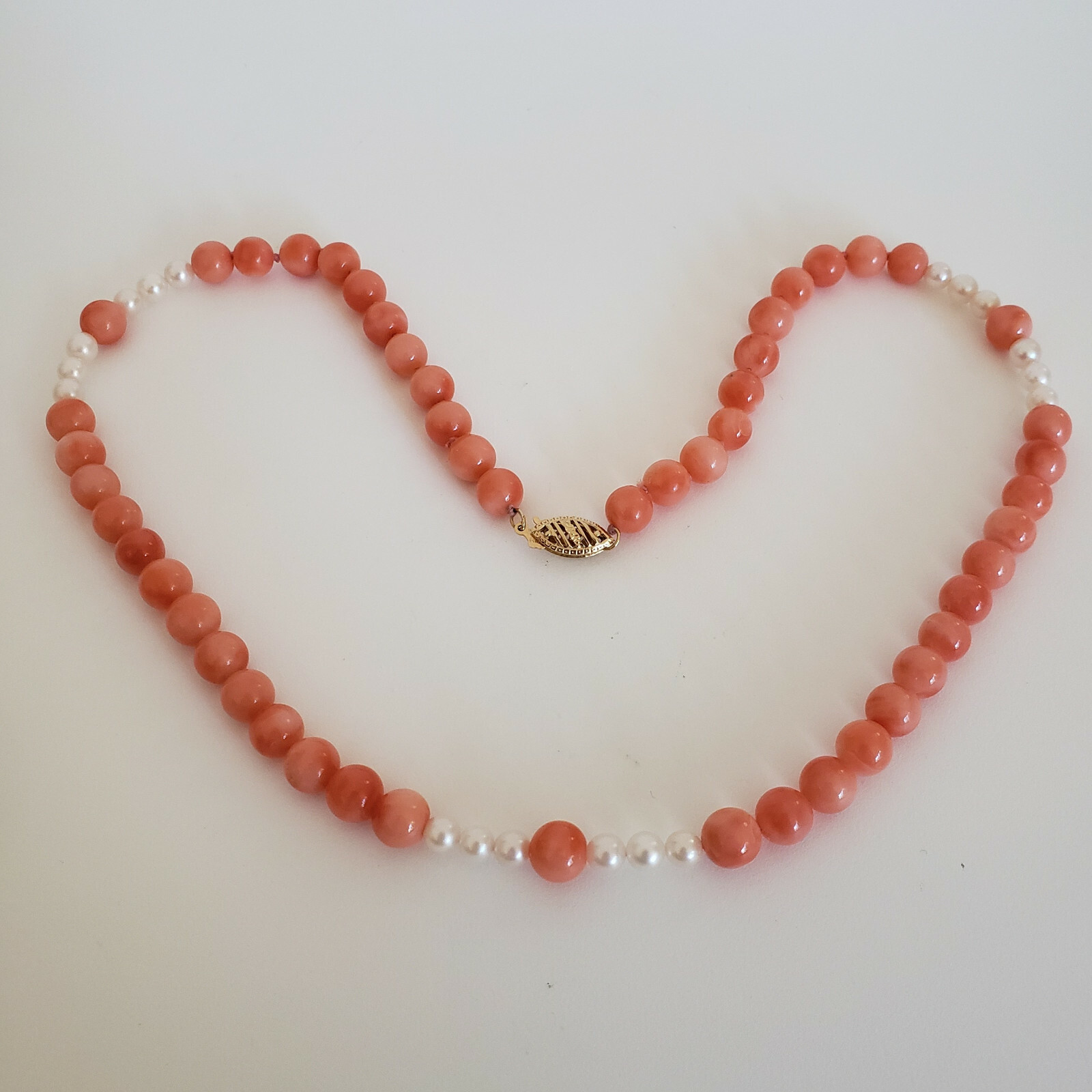 Pink Angel Skin Coral Necklace 14k Yellow Gold Clasp & Pearls 16.5in [6770]