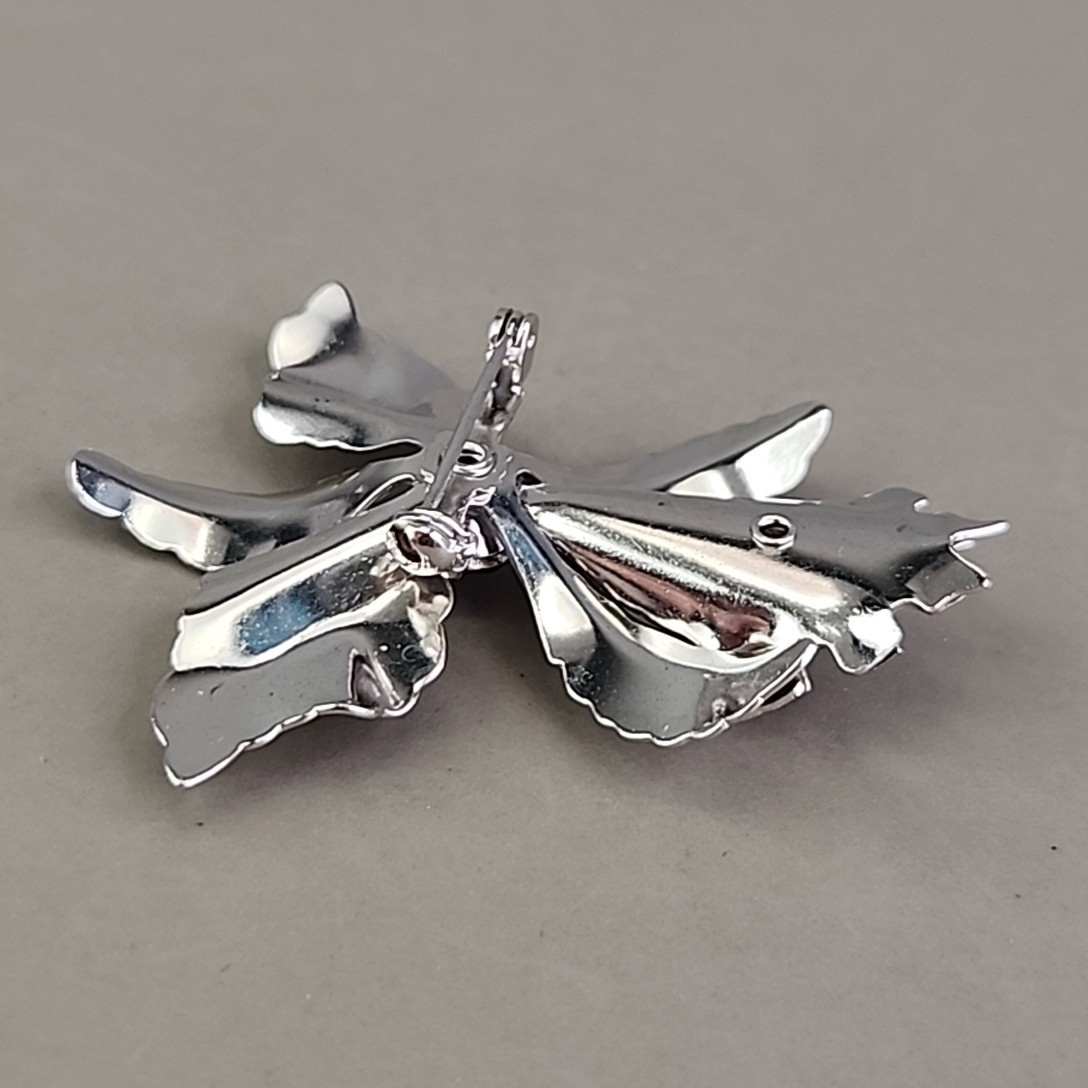 Vintage Flower Brooch Orchid Purple Rhinestone Silver Tone 2″