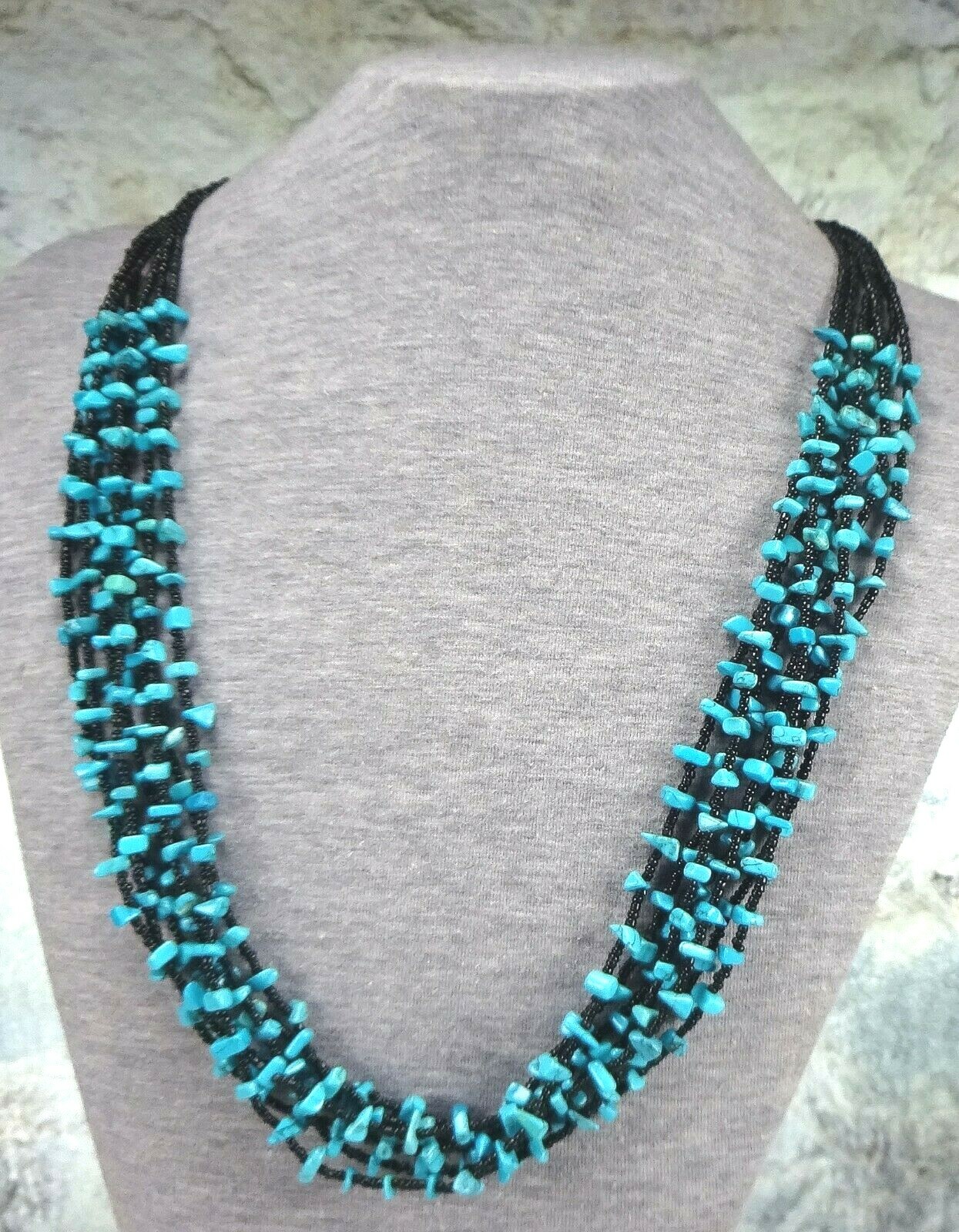 Vintage Multi Strand Turquoise & Black Glass Seed Bead Squaw Wrap Necklace
