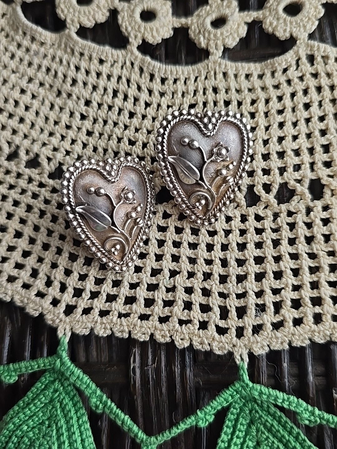 1940’s Sterling Hearts Applied Flowers Screw Back Earrings