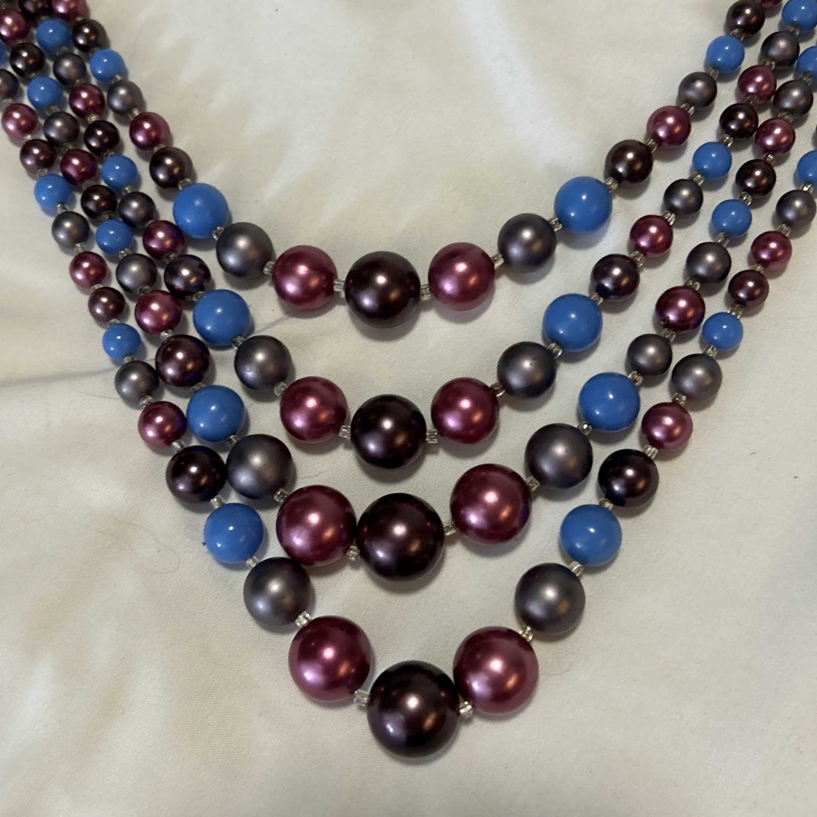 Vintage 4 Strand Purple Violet Rose & Blue Graduated Bead Necklace 17”