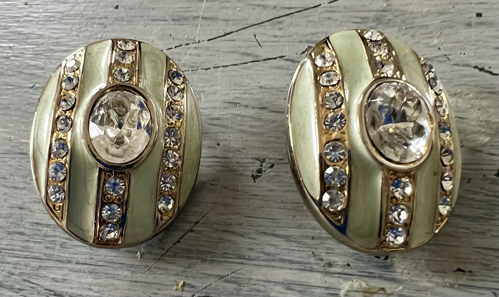 Vintage 1960s Oval Clip On Earrings Lime Green Enamel, Gold & Rhinestone