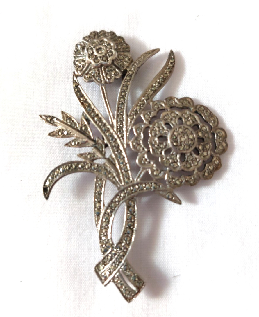 VTG Sterling Silver 925 Marcasite Sunflower Bouquet Large Ladies Pin Man Brooch
