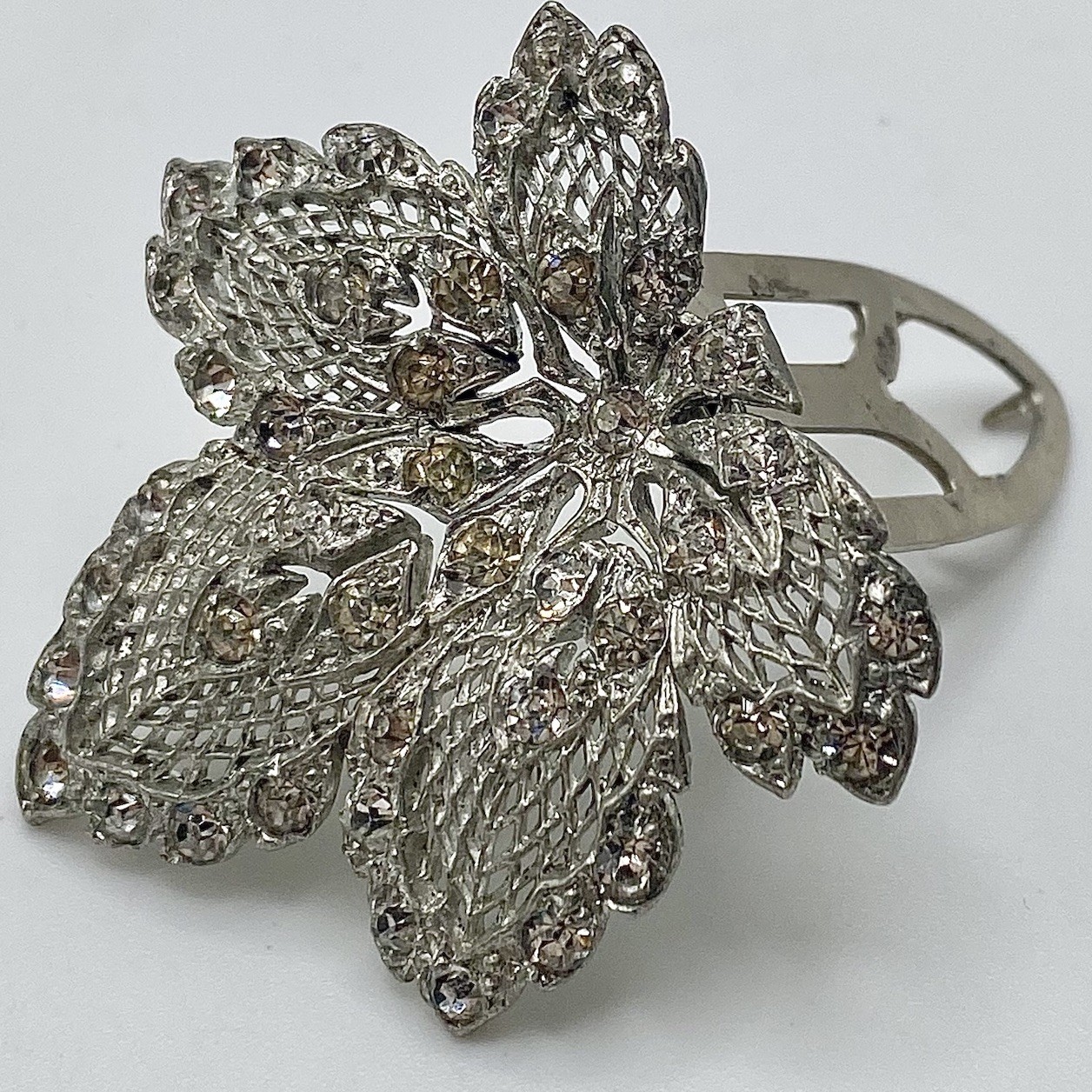 Vintage Rhinestone Dress Clip Leaf Fur Clip Silver Tone Filigree Bridal Brooch