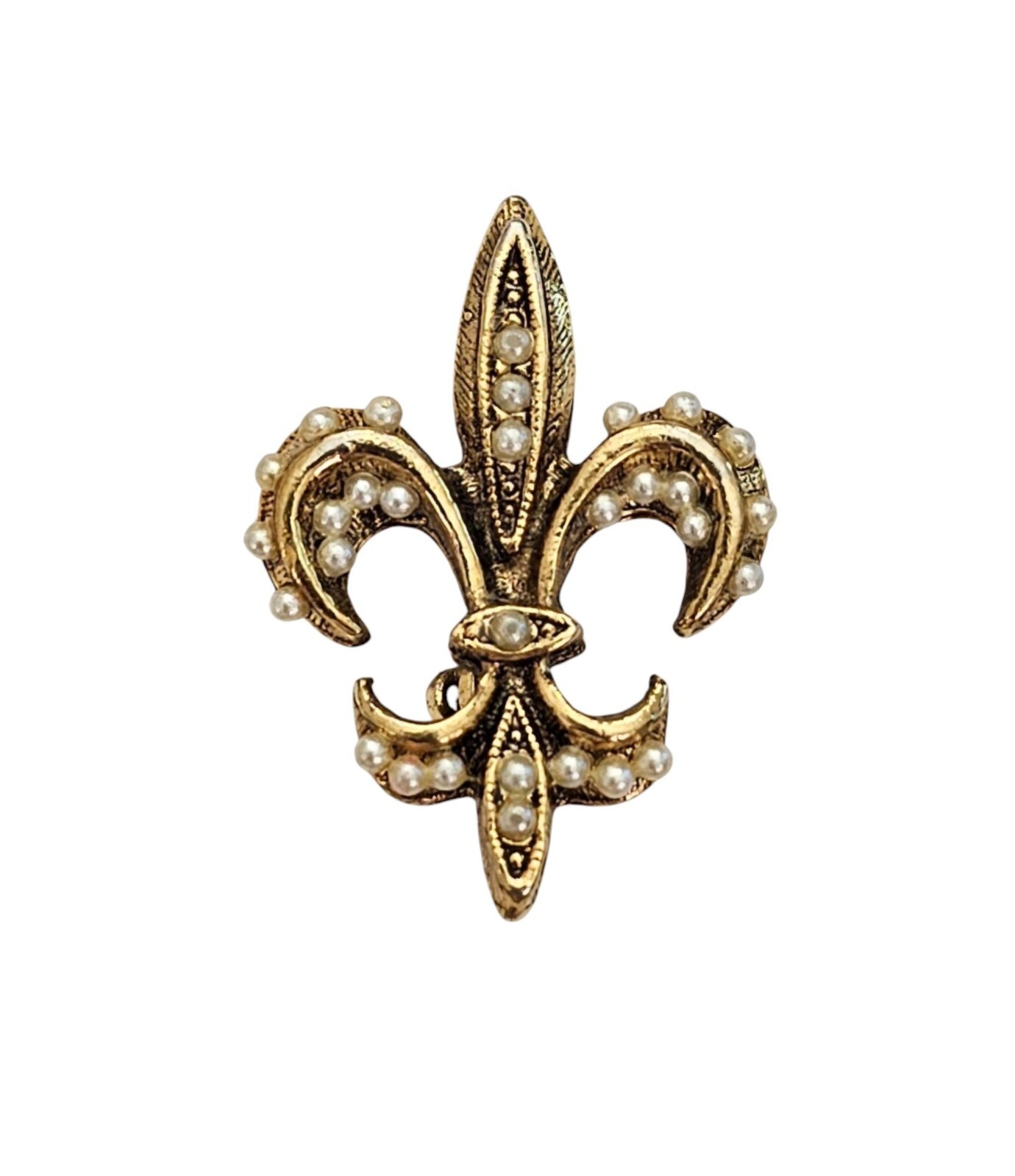 TACOA Gold Tone Vintage Faux Pearl Fleur De Lis Pin, Signed L817