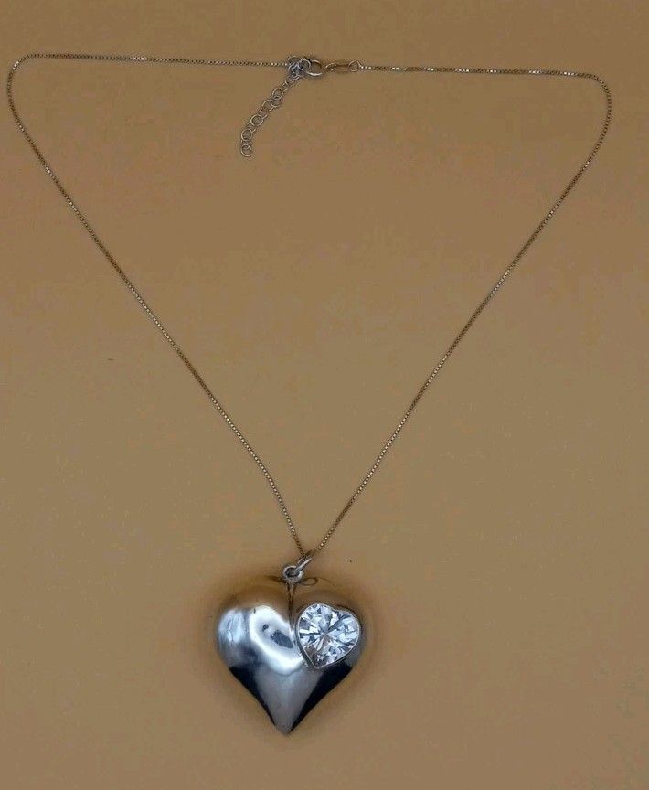 Vintage Sterling Silver 20in Box Necklace W/big Puff Heart W/big Cubic Zirconia