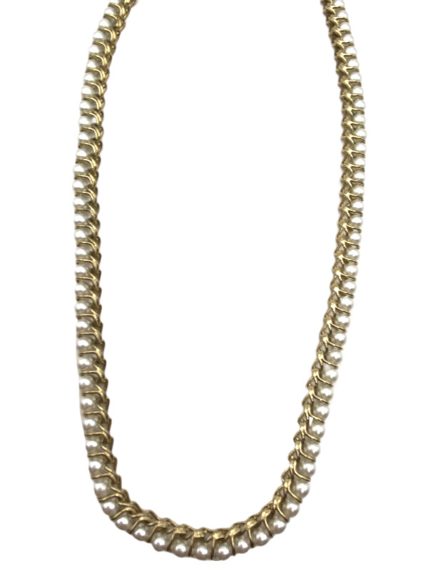 Vintage Gold Tone Faux Pearl Necklace Curb Linked Wire Wrapped 17” Costume GUC