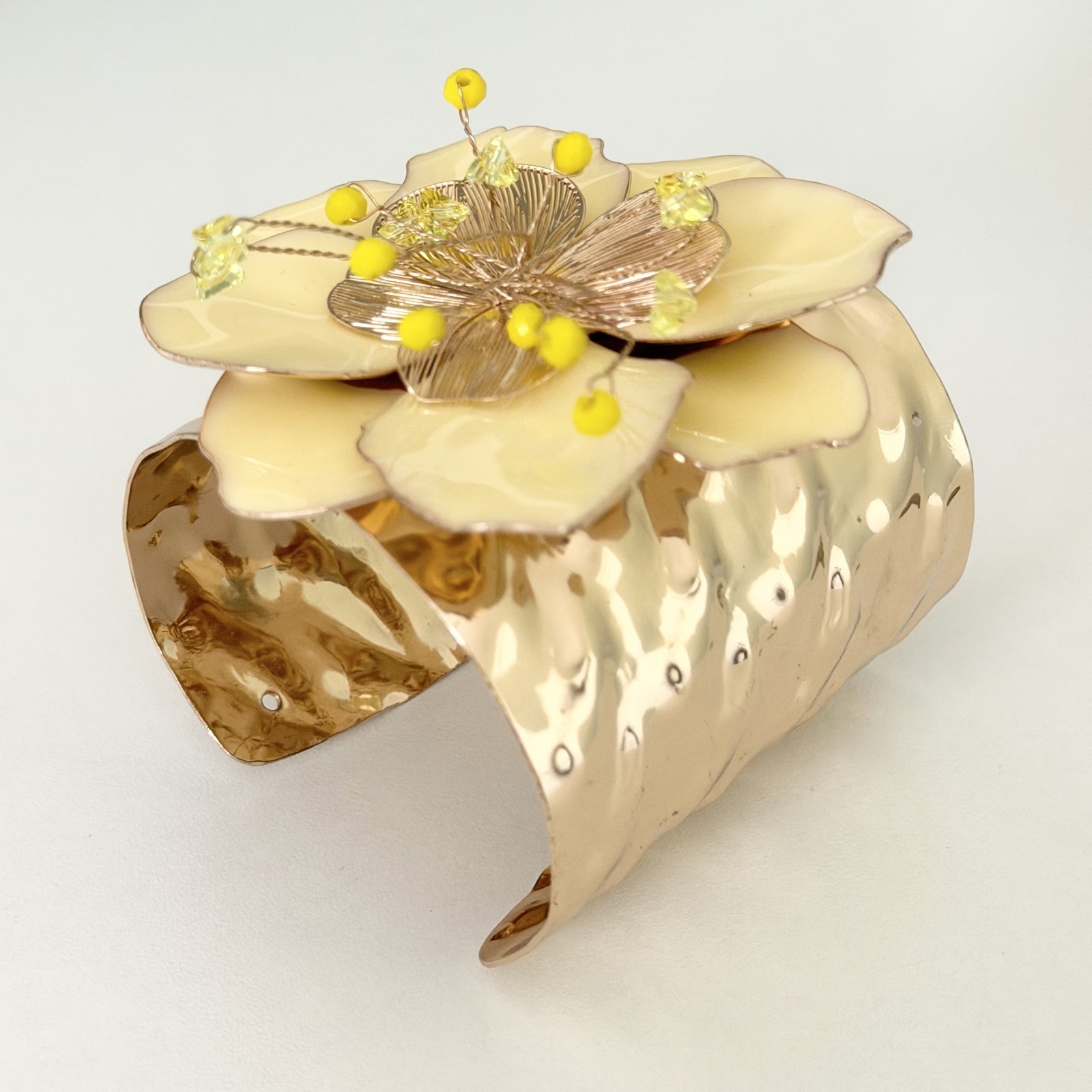 Ladies Huge Flower Statement Cuff Bracelet Yellow Enamel Glass Beaded Gold Tone