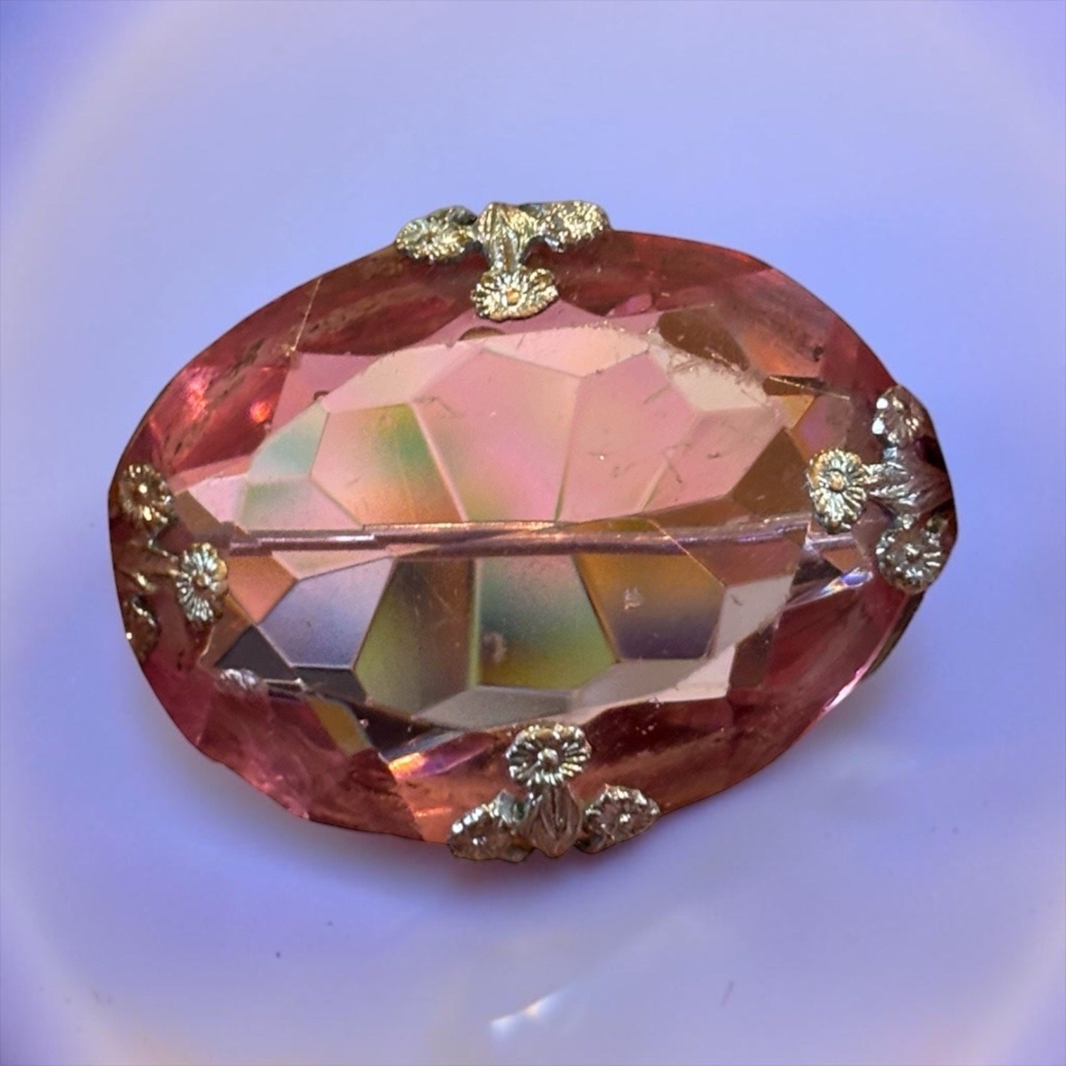 Vintage Pink Art Glass Brooch Faceted Crystal Cabochon Silver Tone Pin