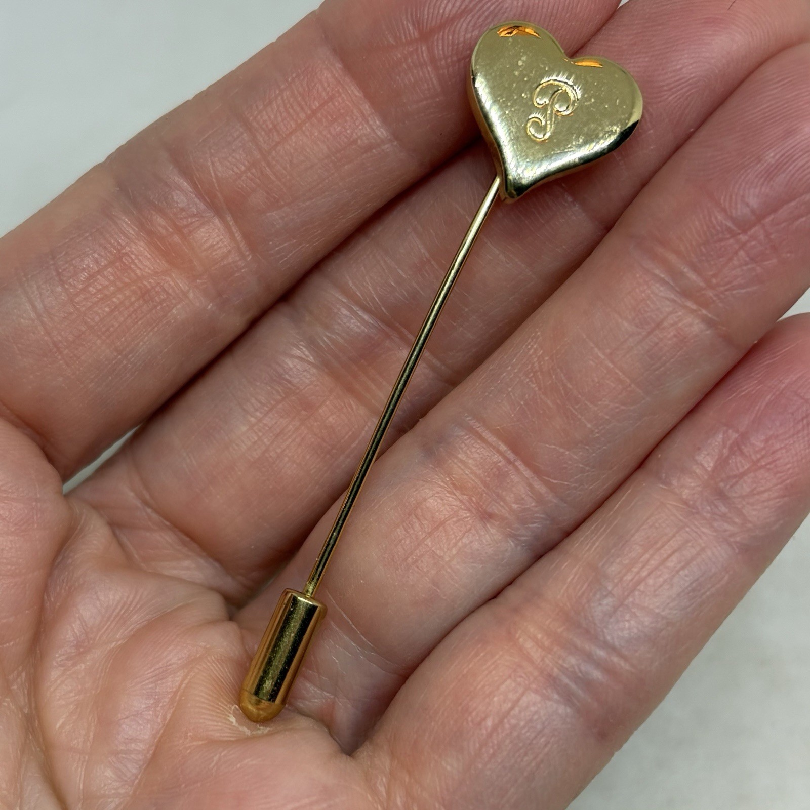 Vintage Engraved Letter P Heart Shaped Gold Tone Stick Pin 2-1/2″