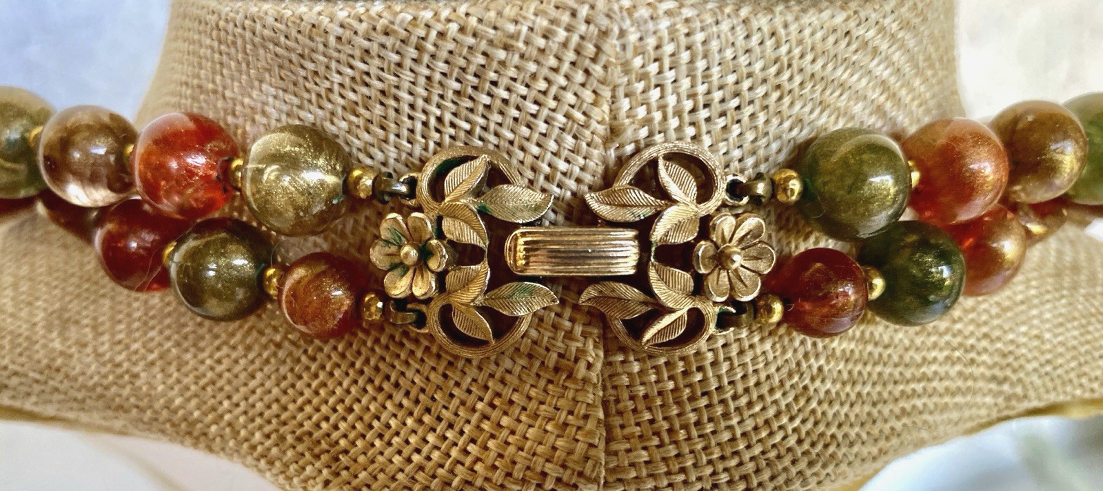 Vintage Crown Trifari Double Strand Necklace, Fall Colors, 24″ Long